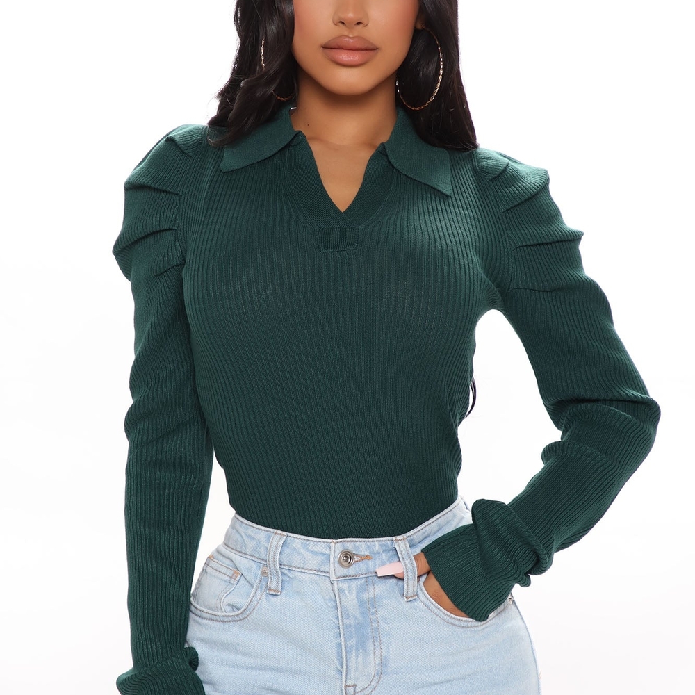 Fashion Nova Forest Green Ribbed Blouse